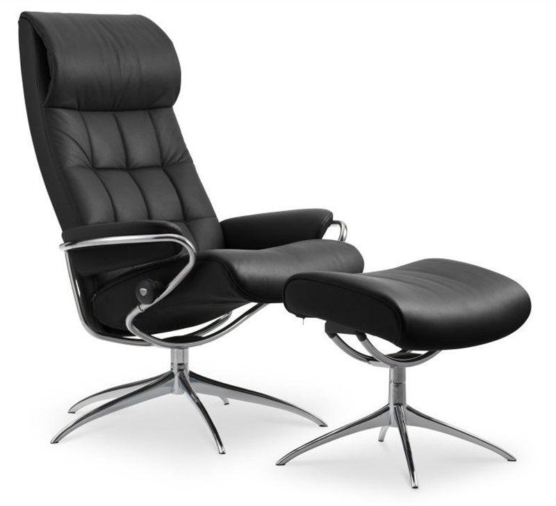 Stressless London High Back Recliner Chair and Ottoman in Paloma Black Leather