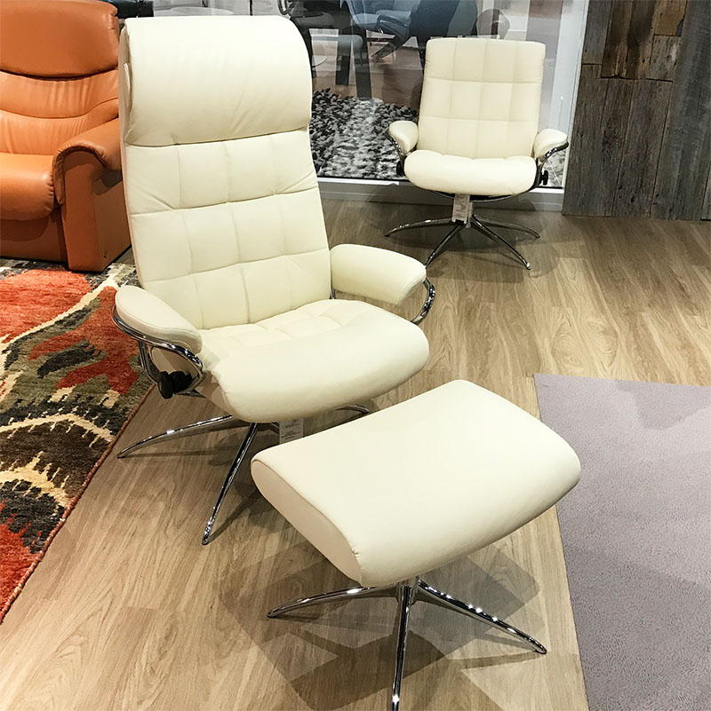 Stressless London High Back Recliner Chair and Ottoman in Paloma Vanilla White Leather by Ekornes