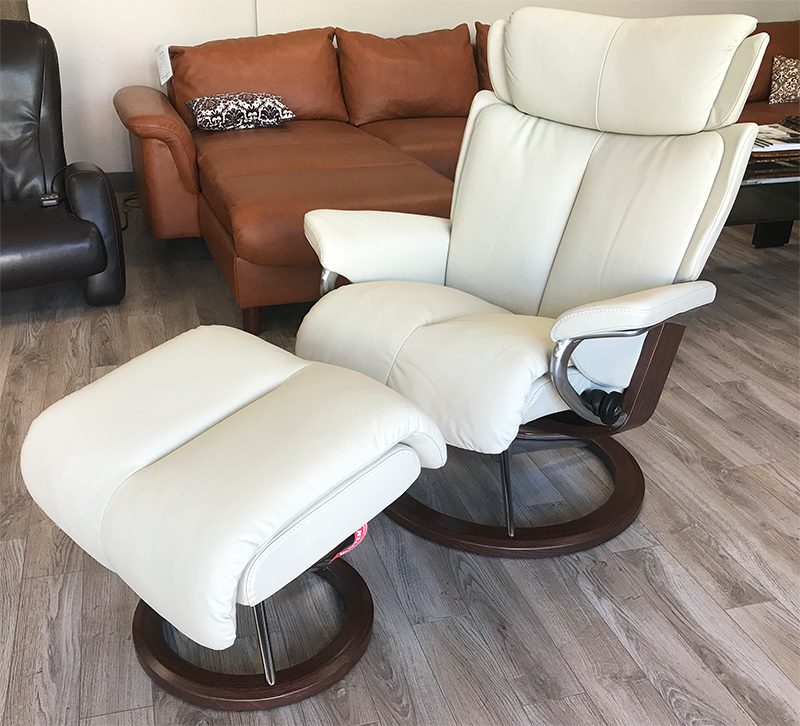 Stressless Magic Signature Chrome Base Paloma Light Grey Leather Recliner and Ottoman