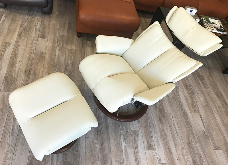 Stressless Magic Signature Chrome Base Paloma Light Grey Leather Recliner and Ottoman