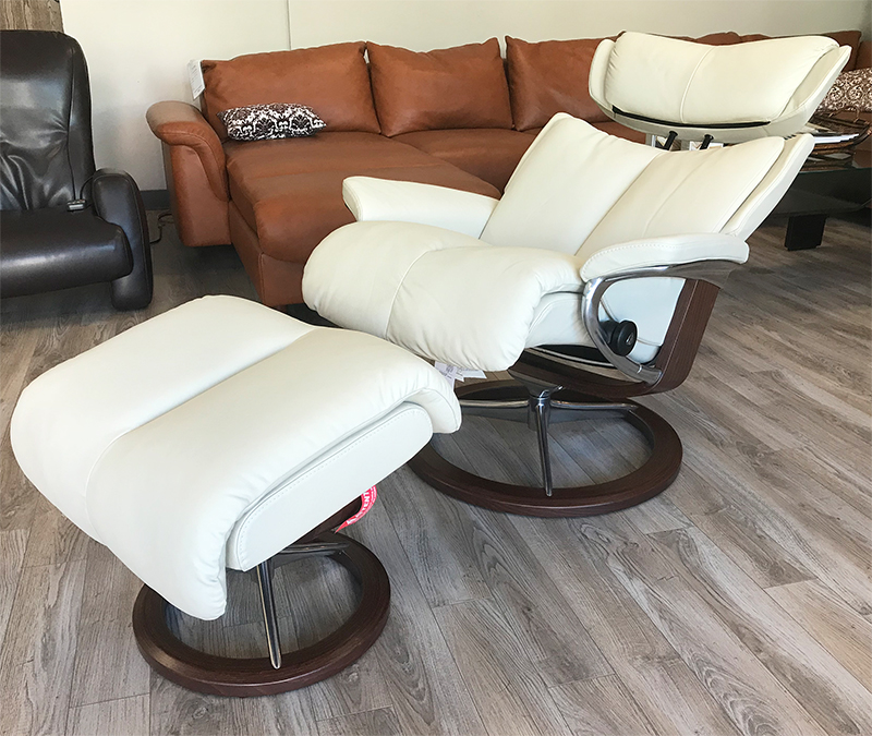 Stressless Magic Signature Chrome Base Paloma Light Grey Leather Recliner and Ottoman