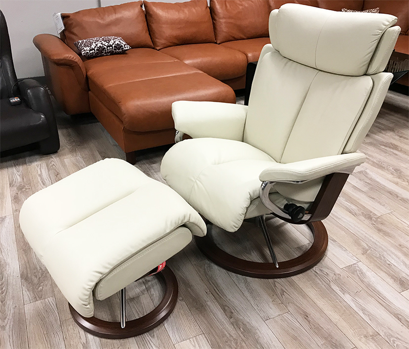 Stressless Magic Signature Chrome Base Paloma Light Grey Leather Recliner and Ottoman