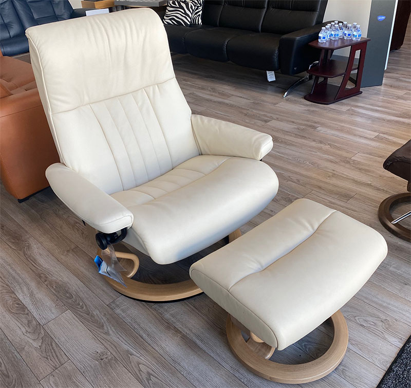 Stressless Crown Classic Base Paloma Vanilla Leather Recliner Chair and Ottoman by Ekornes