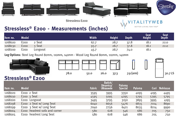 Stressless E200 Loveseat Sofa in Paloma Rock Leather Measurements