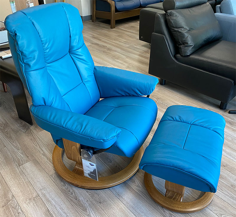 Stressless Mayfair Classic Base Paloma Crystal Blue Leather Recliner Chair and Ottoman by Ekornes