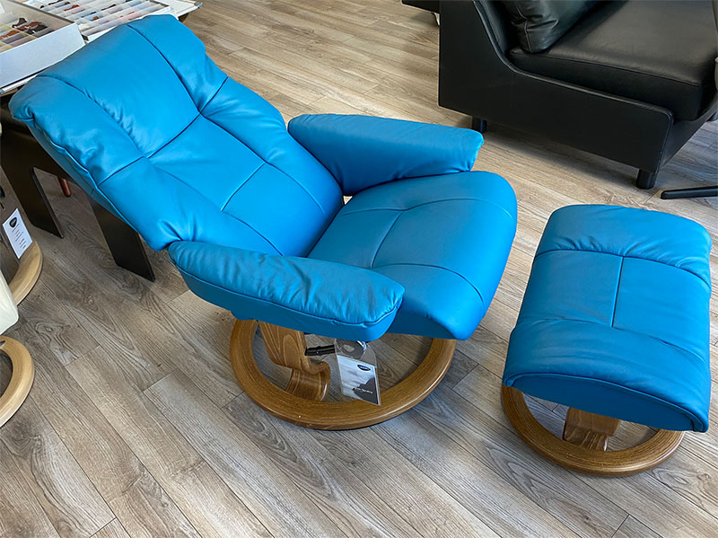 Stressless Mayfair Classic Base Paloma Crystal Blue Leather Recliner Chair and Ottoman by Ekornes