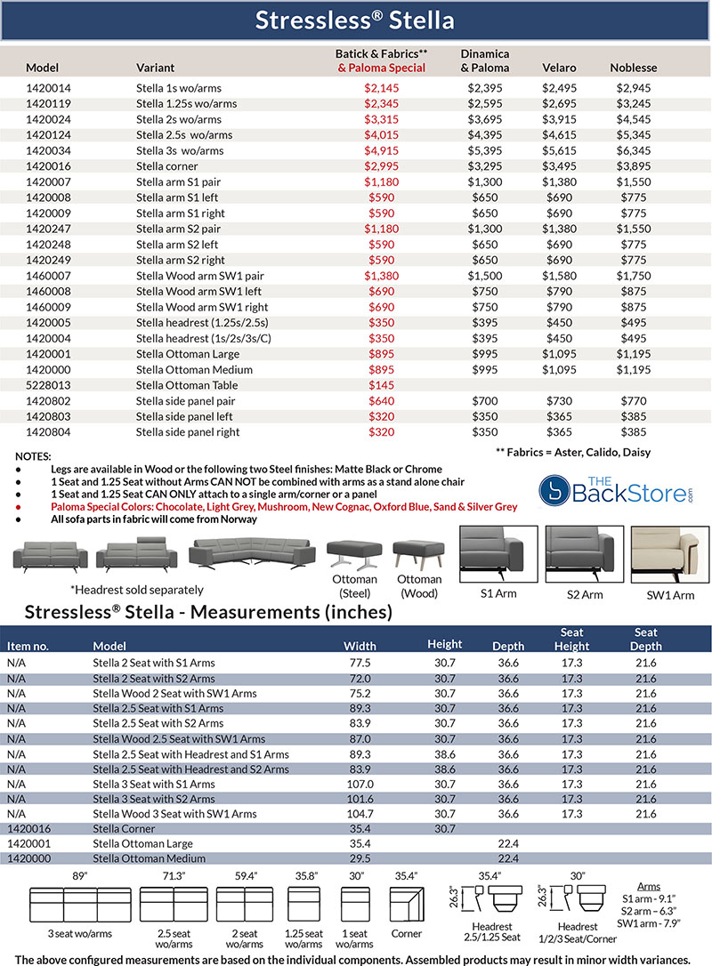 Stressless Stella Leather Sofa, Loveseat and Sectional Dimensions and Pricing by Ekornes