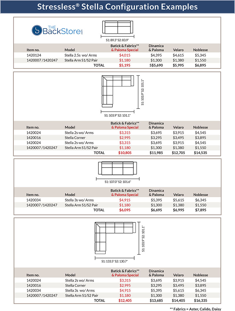 Stressless Stella Sofa, Loveseat and Sectional with wood Accent Arms Product Dimensions