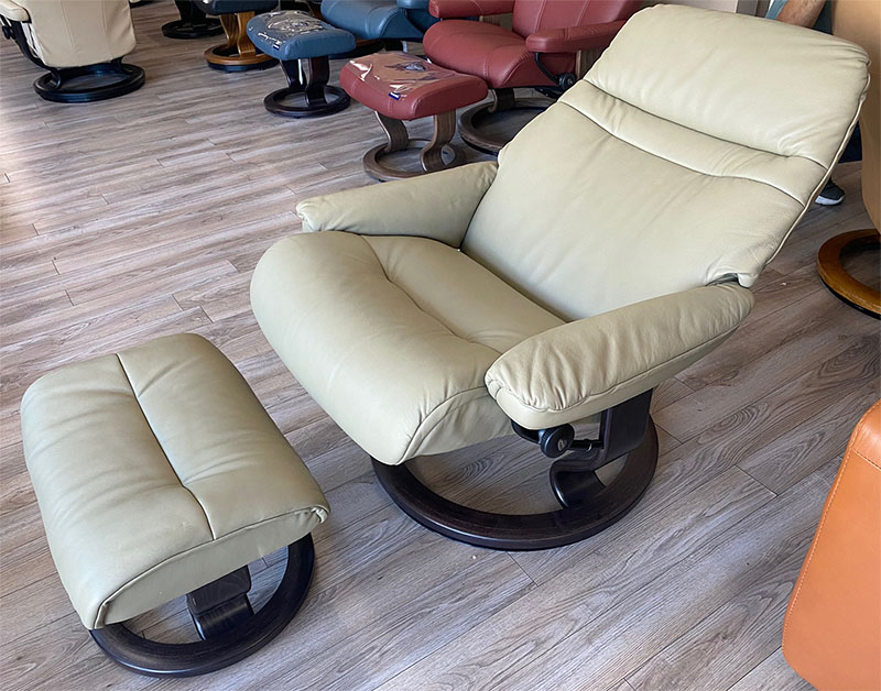 Stressless Sunrise Paloma Olive Leather Recliner and Ottoman
