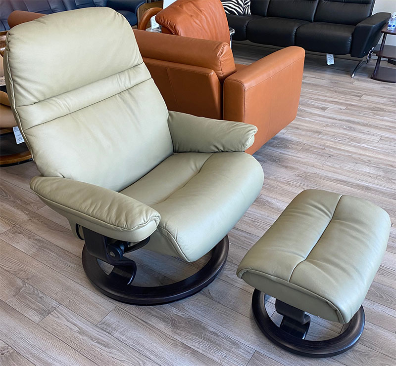 Stressless Sunrise Paloma Olive Leather Recliner and Ottoman