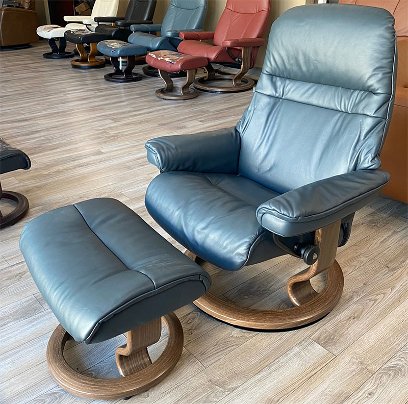 Stressless Sunrise Paloma Shadow Blue Leather Recliner and Ottoman