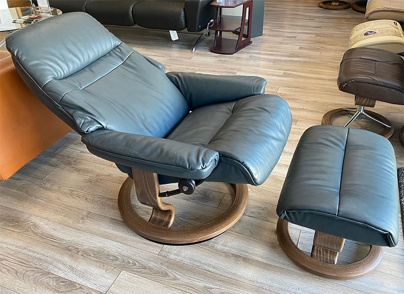 Stressless Sunrise Paloma Shadow Blue Leather Recliner and Ottoman