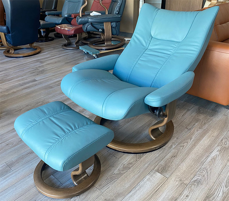 Stressless Wing Large Recliner Chair and Ottoman in Paloma Aqua Green Leather
