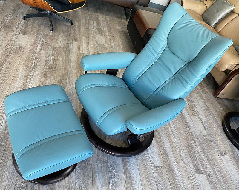 Stressless Wing Recliner Chair and Ottoman in Paloma Aqua Green Leather