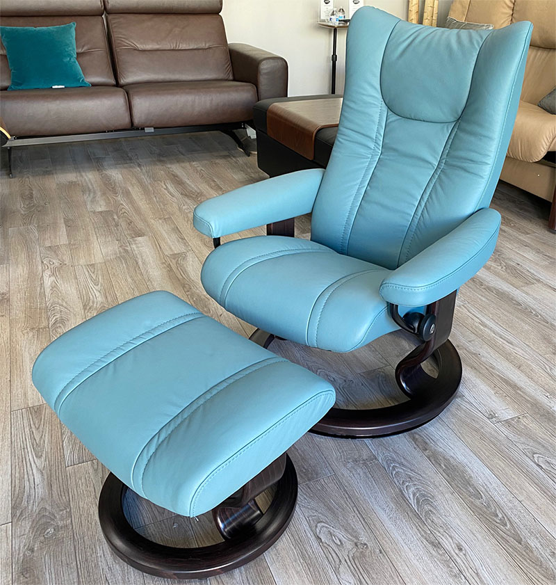Stressless Wing Recliner Chair and Ottoman in Paloma Aqua Green Leather