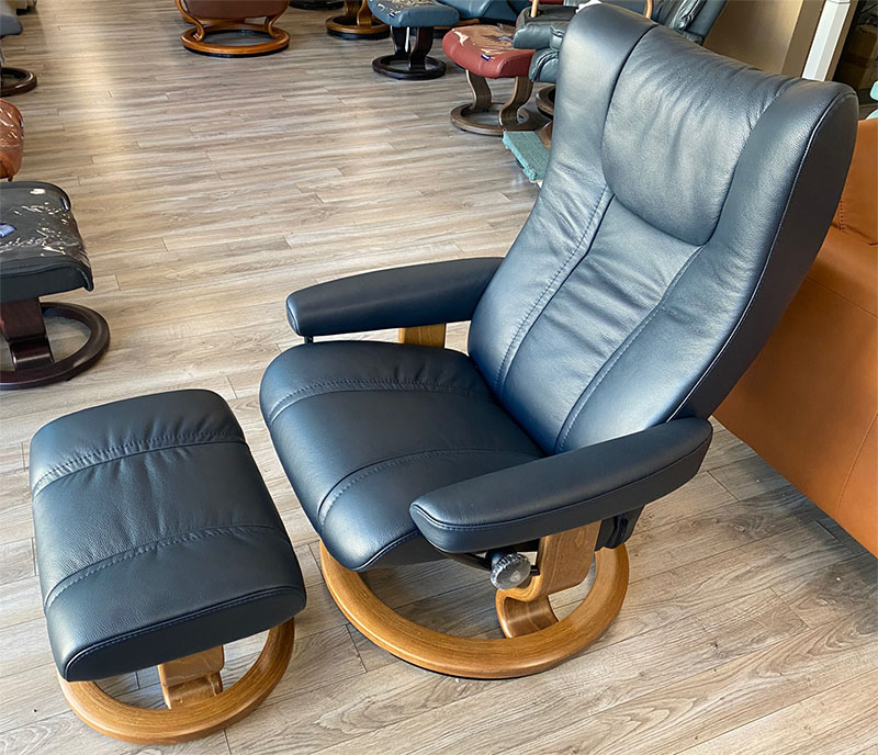 Stressless Wing Recliner Chair and Ottoman in Cori Blue Leather