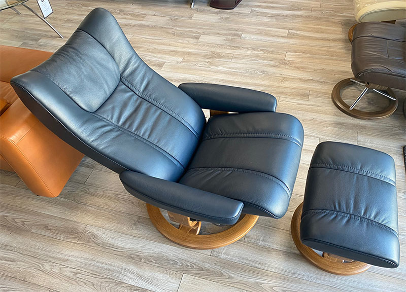 Stressless Wing Recliner Chair and Ottoman in Cori Blue Leather