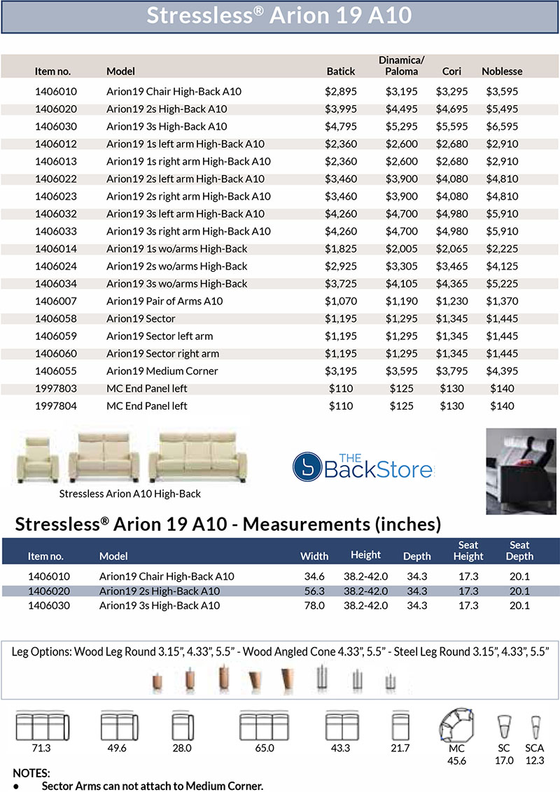Stressless Arion 19 A10 Arm Sofa, Loveseat, Chair and Sectional by Ekornes